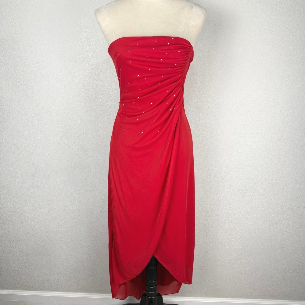 Y2K Vintage Rampage Red Strapless Ruched Rhinestone Midi Fairy Dress Womens Med